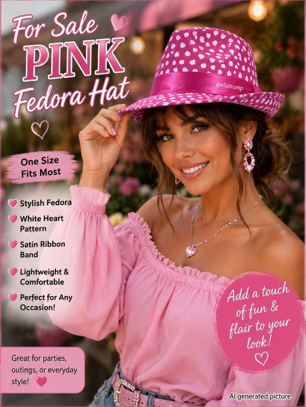Pink Fedora Hat White Heart Pattern and a Satin Ribbon Band